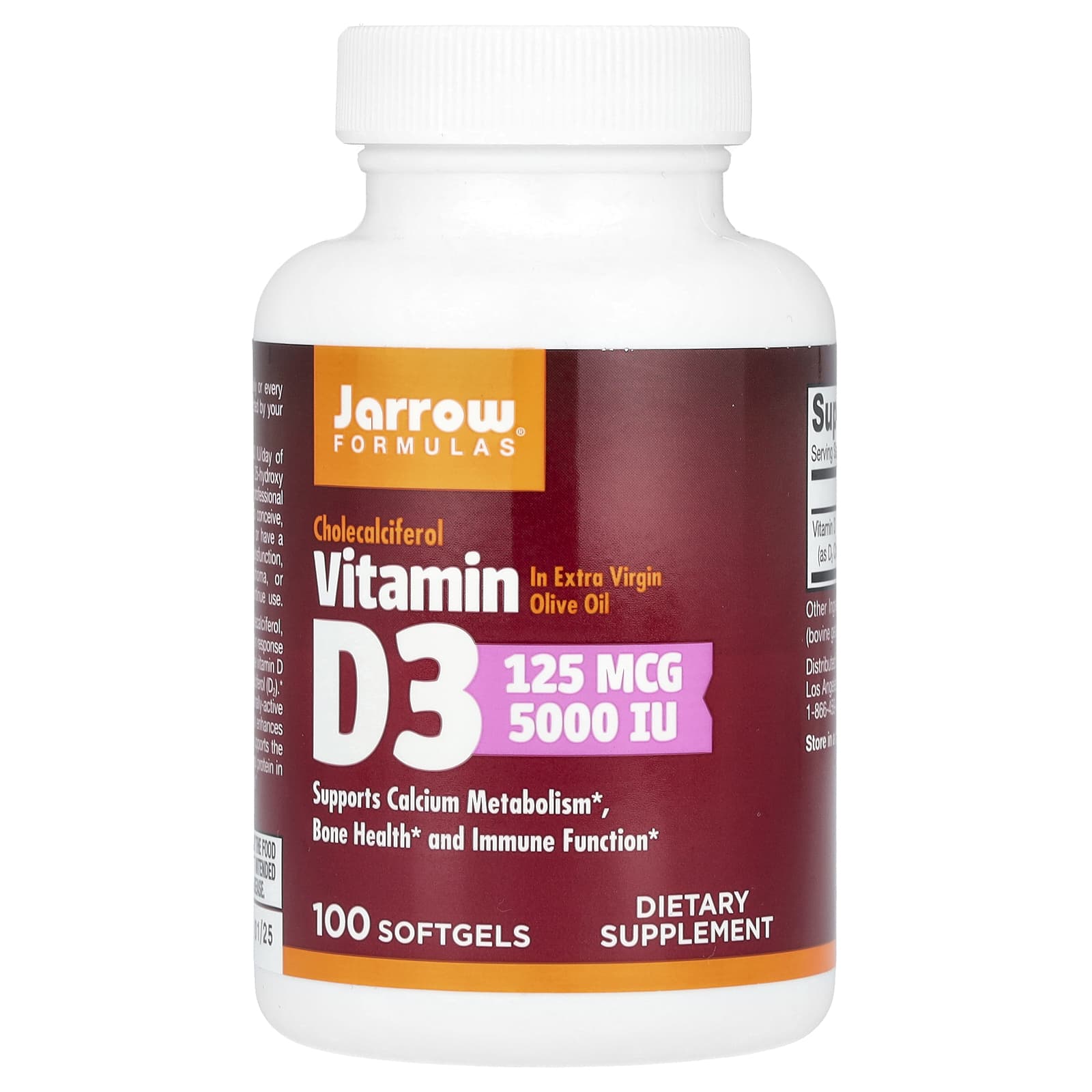 Jarrow Formulas, Vitamin D3, Cholecalciferol, 125 mcg (5, 100 Softgels UPC 790011300052 | HiLife Vitamins